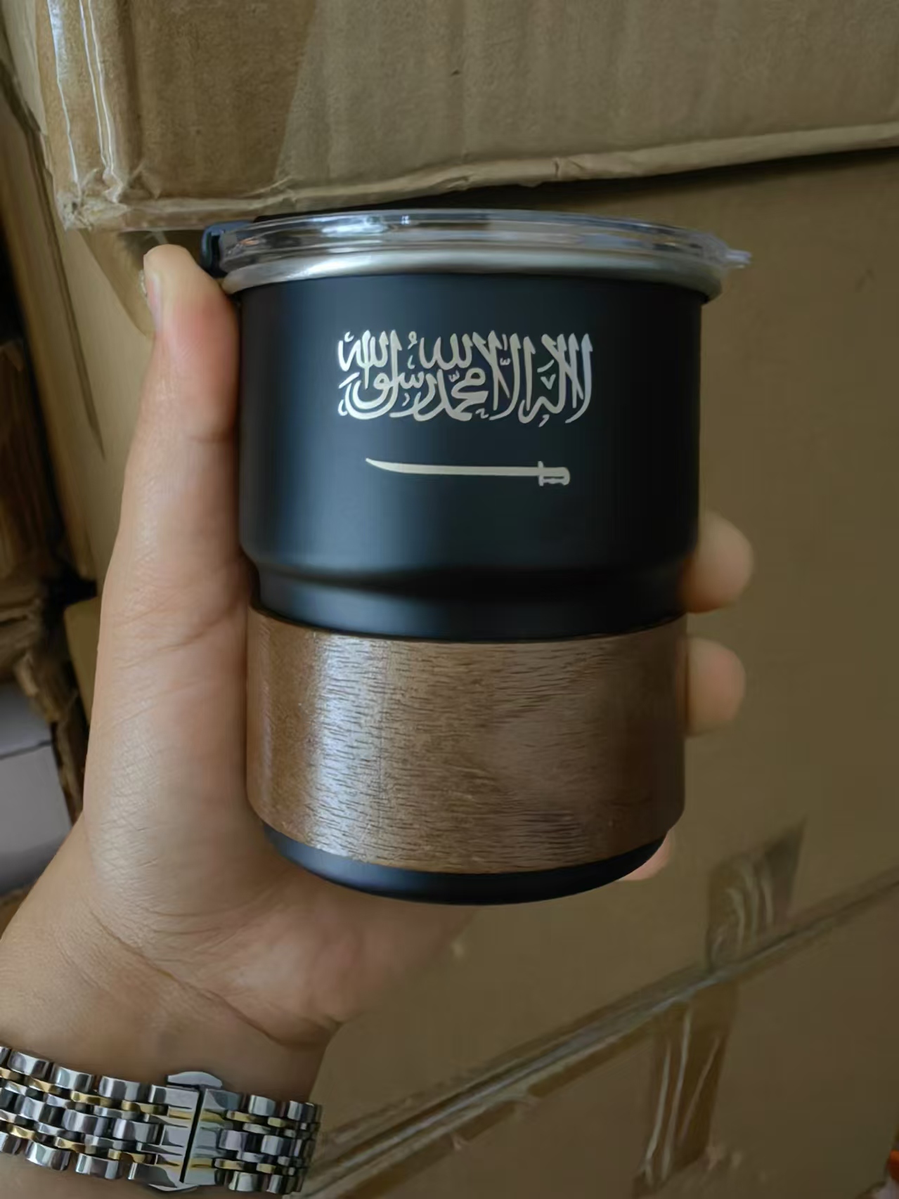 Coffee Equipment Camping - サウジアラビアの国旗ロゴステンレス鋼カップビールジョッキ蓋付き木製 300 ミリリットル屋外キャンプコーヒーマグ