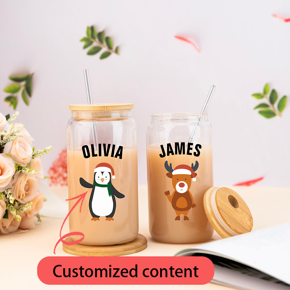 Coffee Equipment Gift - クリスマスカスタマイズドリンクグラスコーヒーウォータージュースボトルポータブルクリアカップ蓋付きストローブラシ付きホリデーギフト