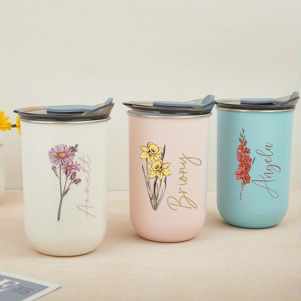 Coffee Equipment Gift - カスタムバースフラワー ステンレススチール製蓋付きカップ、名前入り断熱コーヒーカップ、花柄トラベルマグ 女性へのギフト。