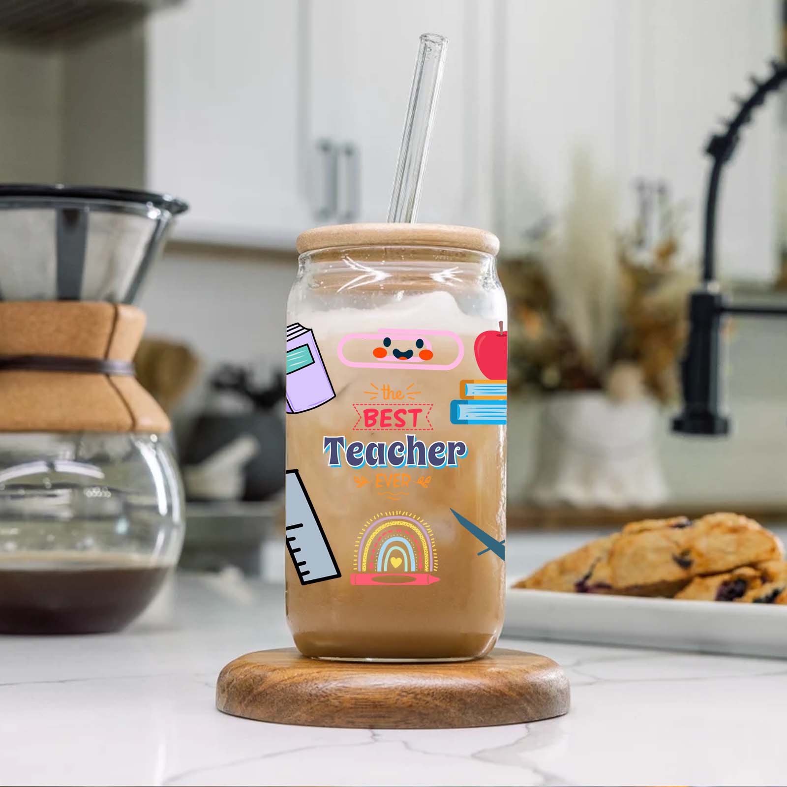 ふたとストロー付きガラスタンブラーマグ、教育機器パターン、3 - Coffee Equipment Gift のレビューと価格