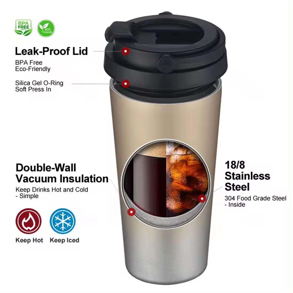 保温保冷トラベルコーヒーマグ 16オンス ステンレス鋼製タン - Coffee Equipment Gift のレビューと価格